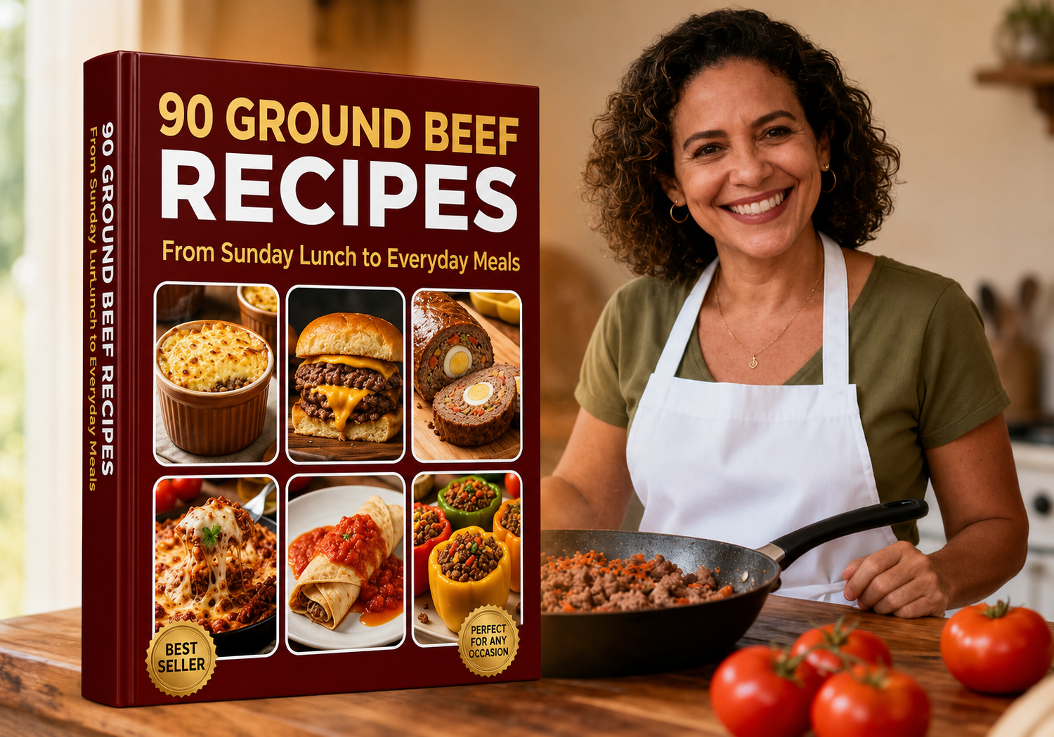 Home cook preparing ground beef with the 90 Ground Beef Recipes cookbook